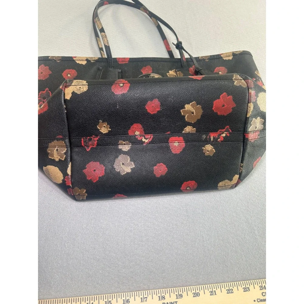 Coach City Tote Womens Large Black Red Gold Floral Print Crossgrain Leather Bag